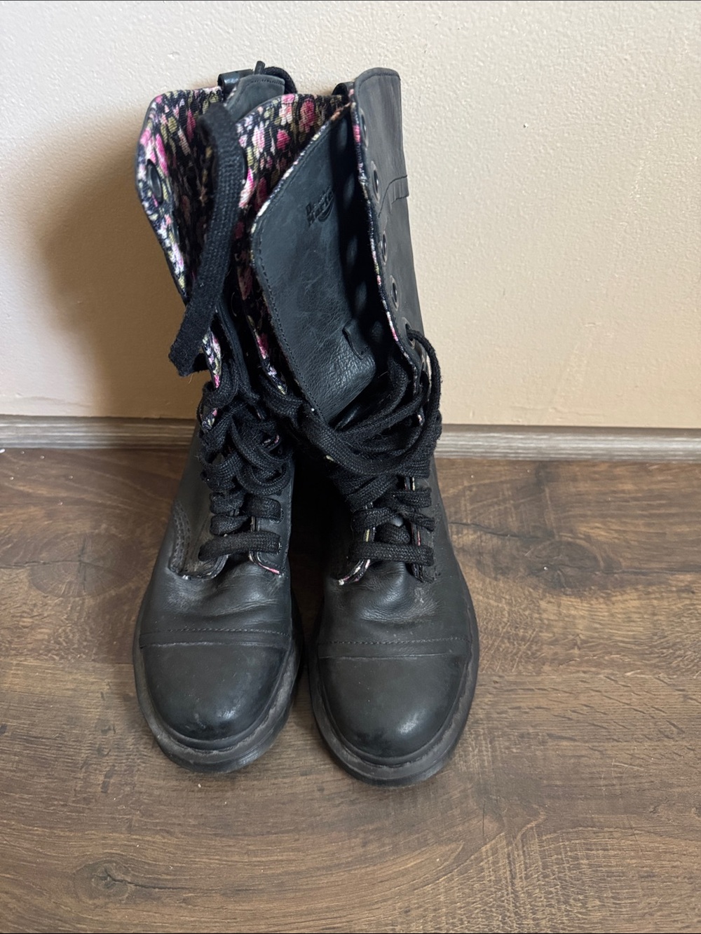 Dr. Martens Black Lace-Up Triumph 1914 Boots with Pink Floral Inner Lining